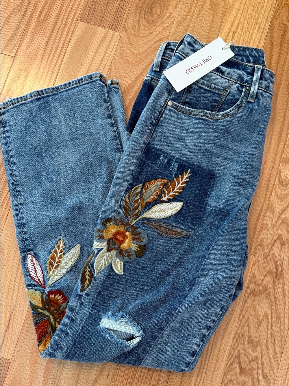 DRIFTWOOD Blue Denim Stella  Jeans with Floral Embroidery